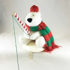 Polar Bear Fishing Stocking Hanger (No Box) Writing On Bottom Of Base